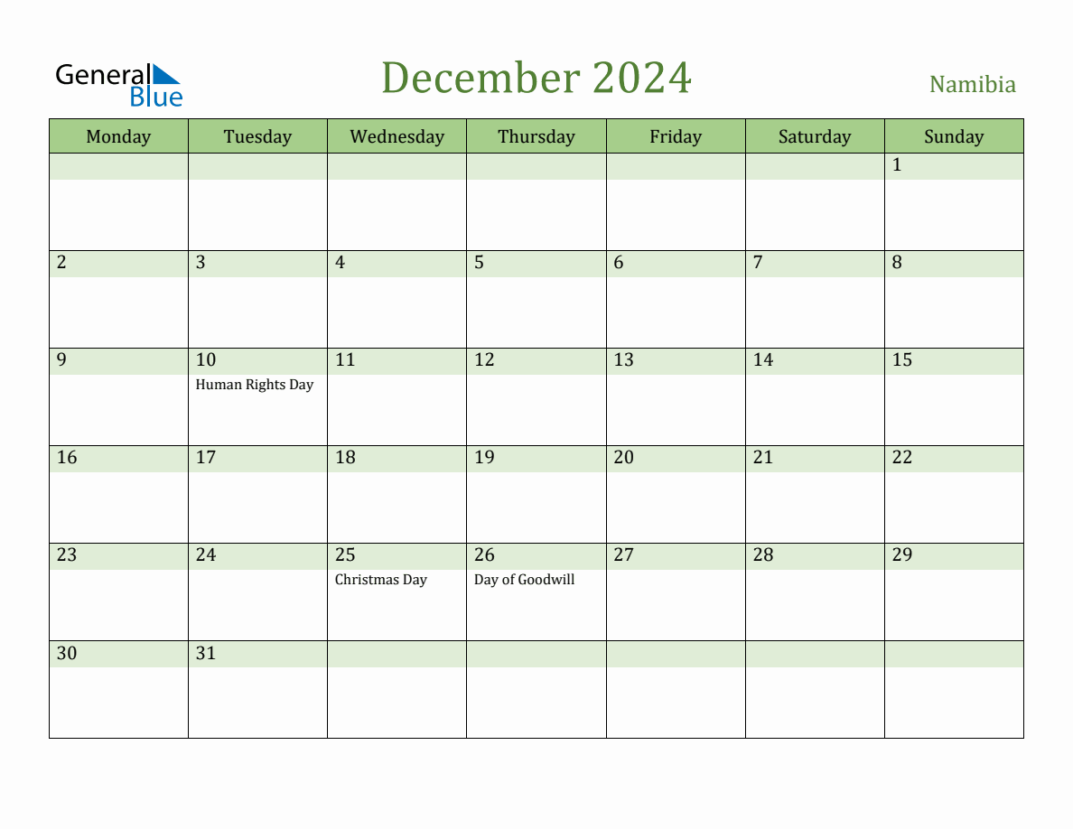 Fillable Holiday Calendar for Namibia December 2024