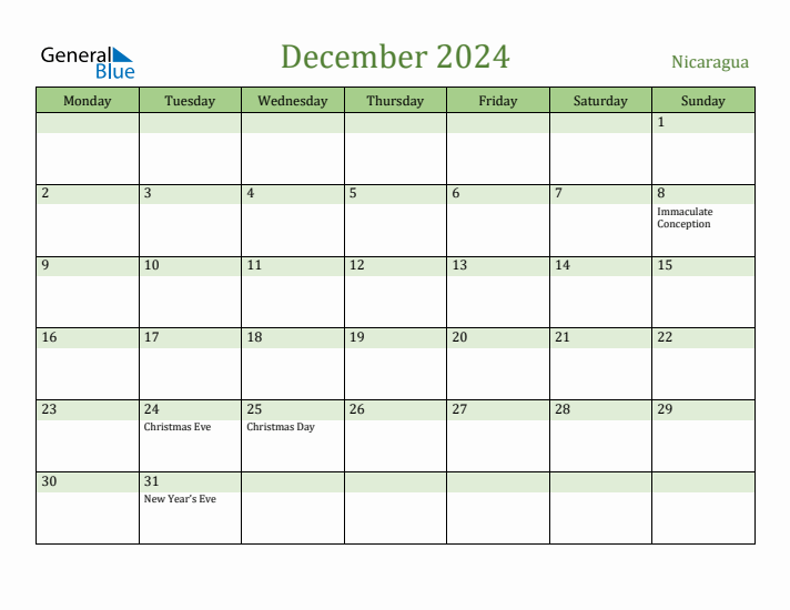 December 2024 Calendar with Nicaragua Holidays