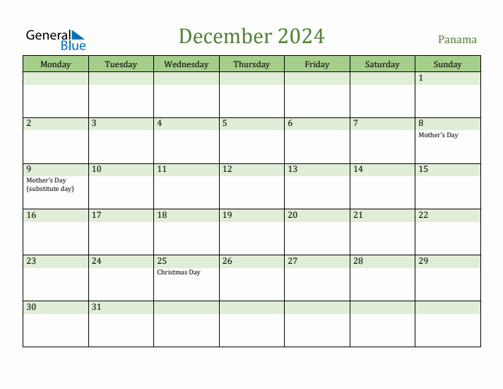 December 2024 Calendar with Panama Holidays