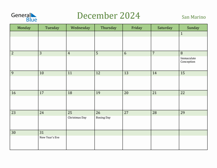 December 2024 Calendar with San Marino Holidays