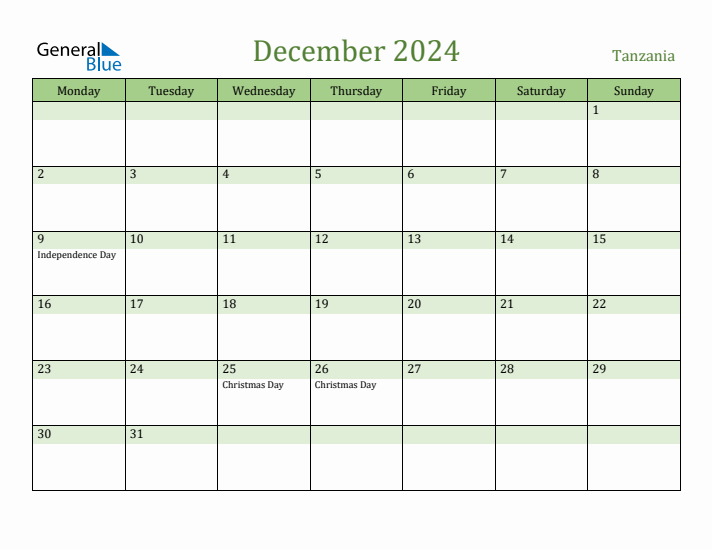 December 2024 Calendar with Tanzania Holidays