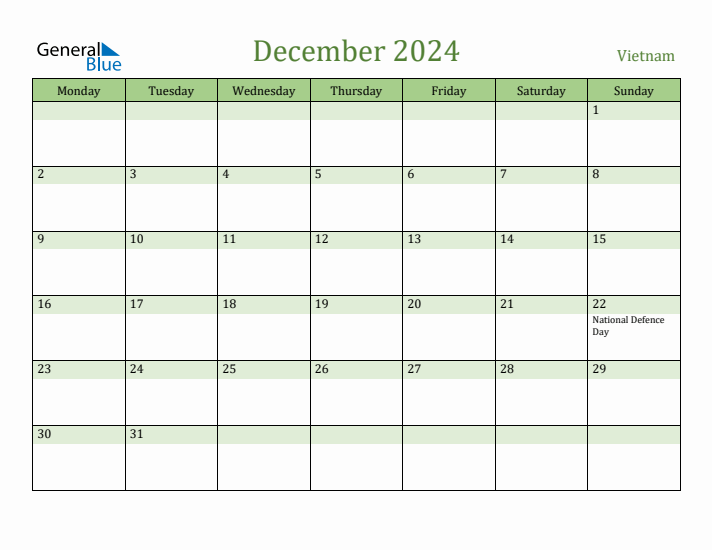 December 2024 Calendar with Vietnam Holidays
