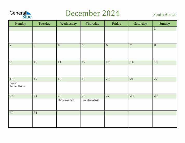 December 2024 South Africa Monthly Calendar with Holidays