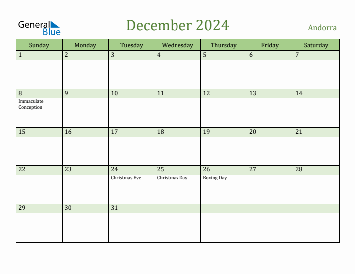 December 2024 Calendar with Andorra Holidays