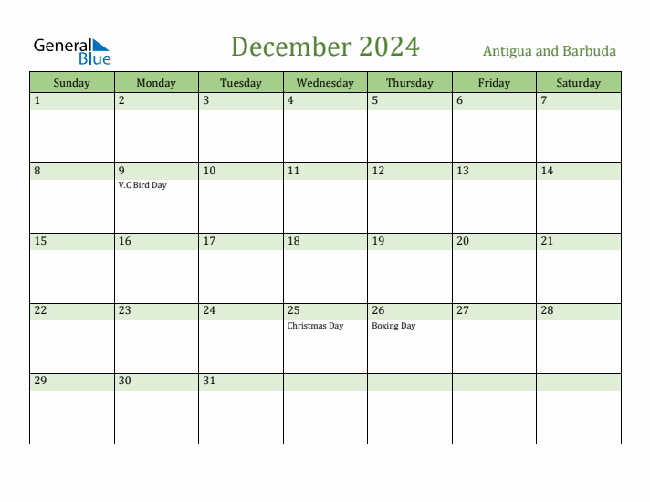 December 2024 Calendar with Antigua and Barbuda Holidays