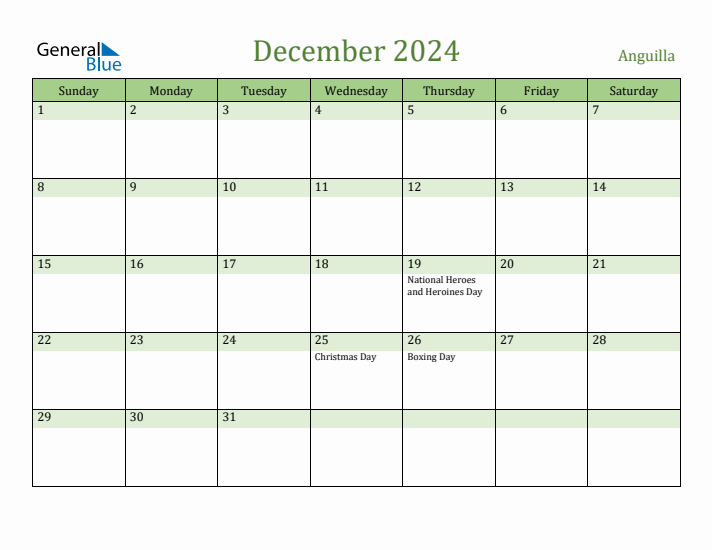 December 2024 Calendar with Anguilla Holidays
