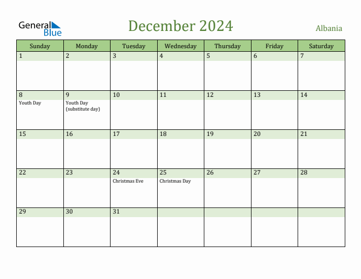December 2024 Calendar with Albania Holidays