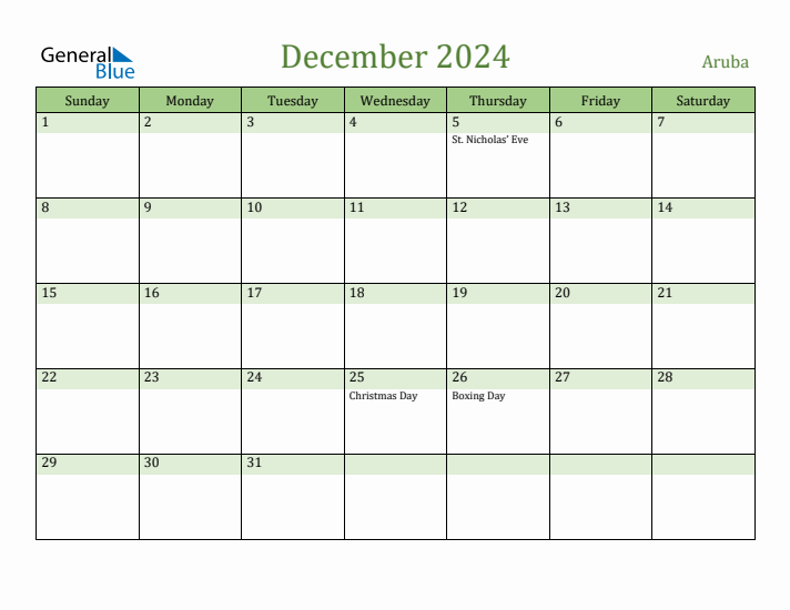 December 2024 Calendar with Aruba Holidays