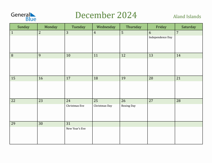 December 2024 Calendar with Aland Islands Holidays