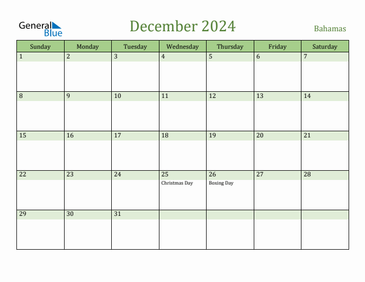 December 2024 Monthly Calendar with Bahamas Holidays