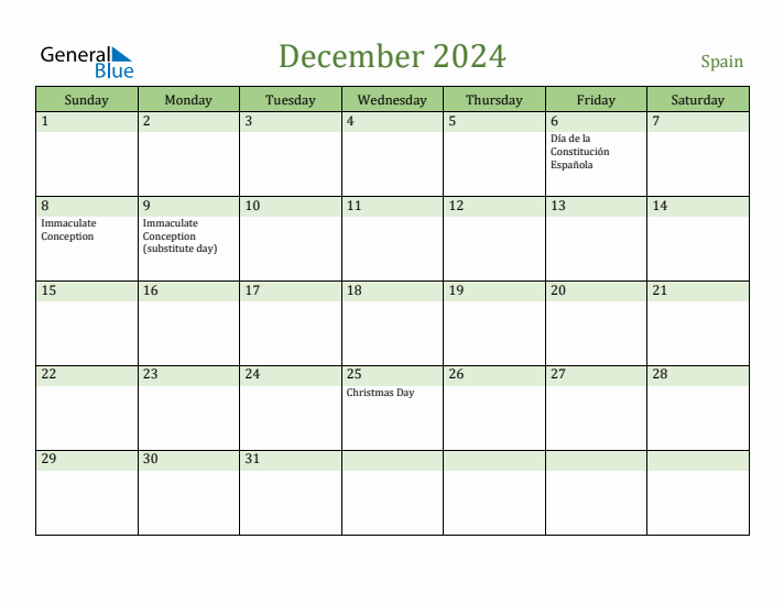 December 2024 Calendar with Spain Holidays