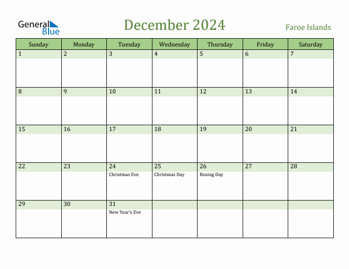 December 2024 Calendar with Faroe Islands Holidays