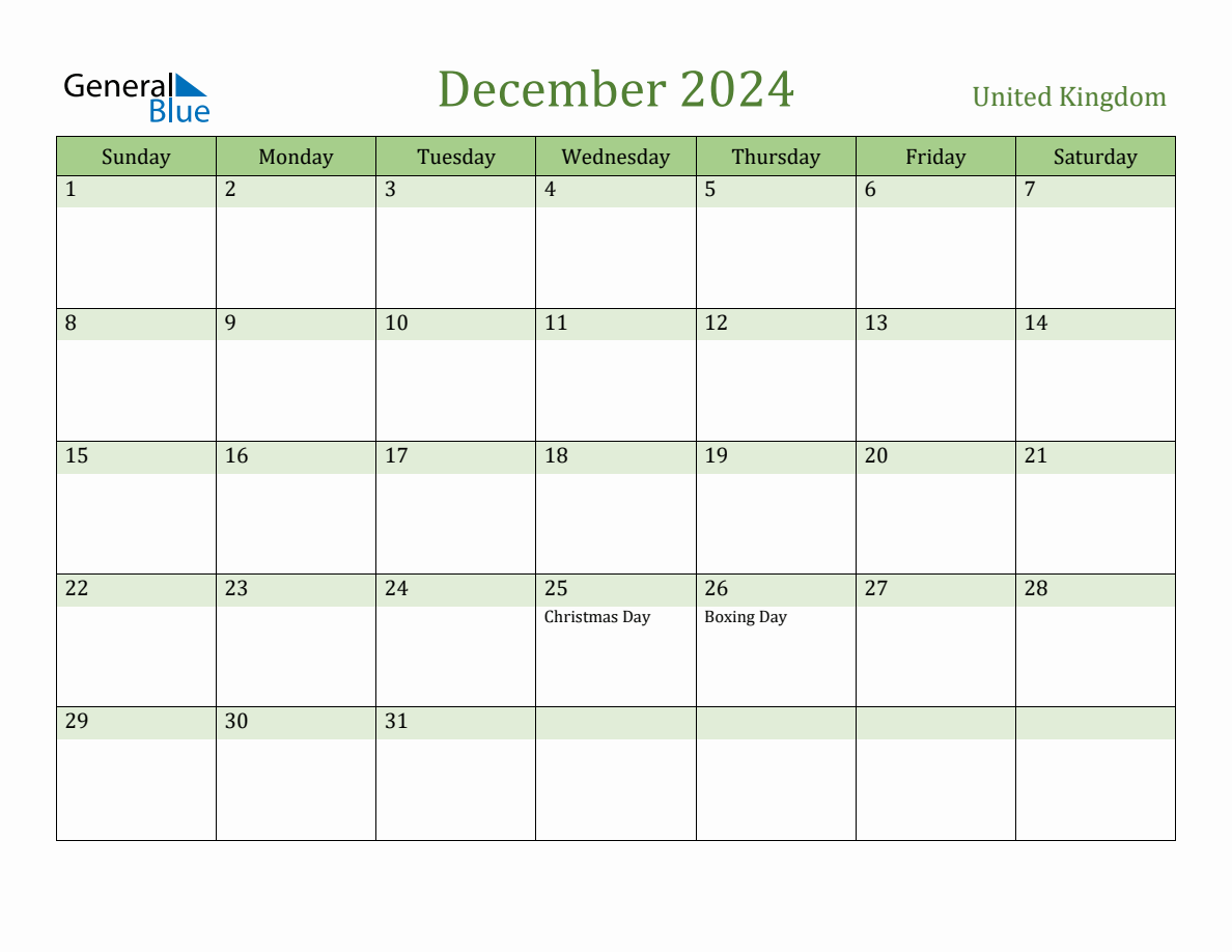 Fillable Holiday Calendar for United Kingdom December 2024