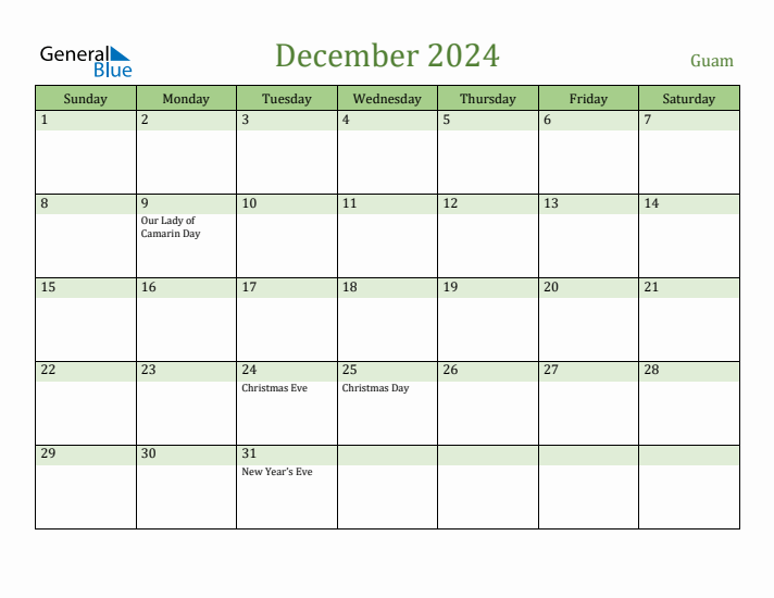 December 2024 Calendar with Guam Holidays