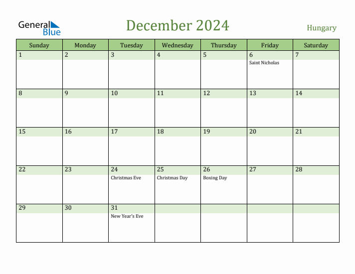 December 2024 Calendar with Hungary Holidays