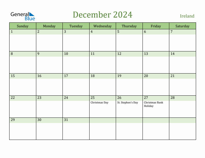 December 2024 Calendar with Ireland Holidays