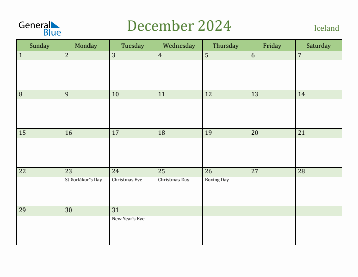 December 2024 Calendar with Iceland Holidays