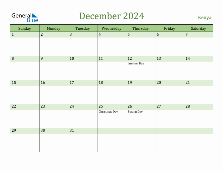 Fillable Holiday Calendar for Kenya December 2024