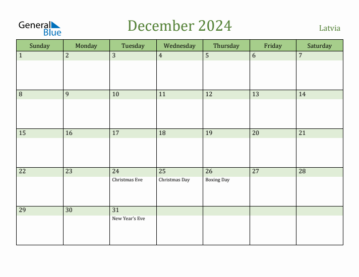 December 2024 Calendar with Latvia Holidays