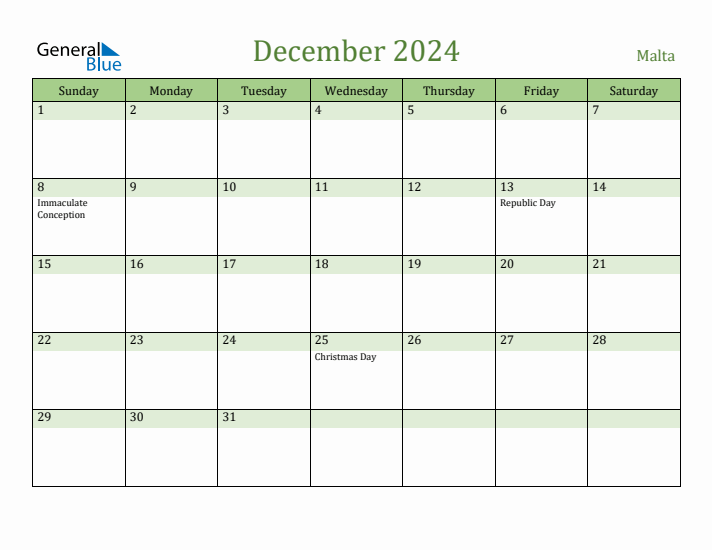 December 2024 Calendar with Malta Holidays