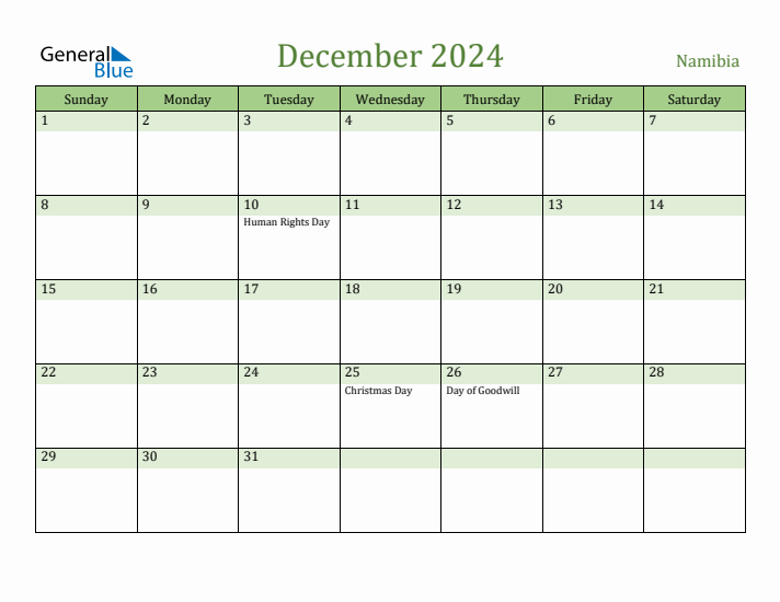 December 2024 Calendar with Namibia Holidays
