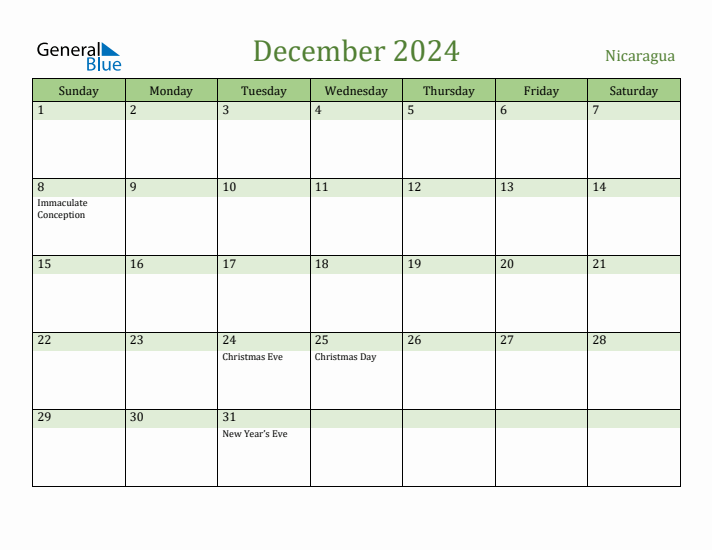 December 2024 Calendar with Nicaragua Holidays