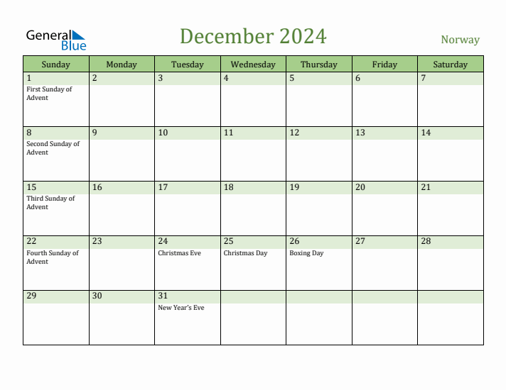 December 2024 Calendar with Norway Holidays