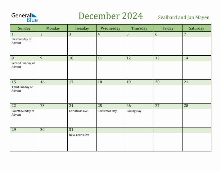 December 2024 Calendar with Svalbard and Jan Mayen Holidays