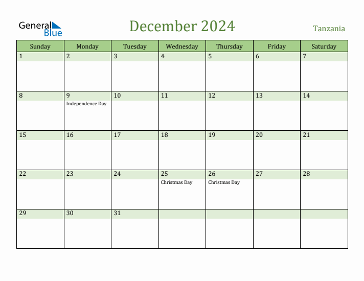 December 2024 Calendar with Tanzania Holidays