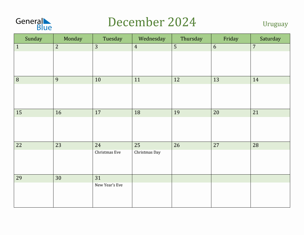 Fillable Holiday Calendar for Uruguay - December 2024