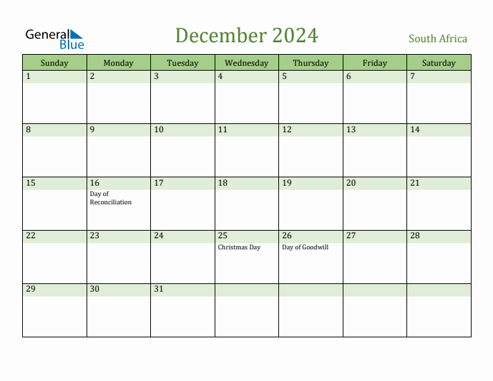 Fillable Holiday Calendar for South Africa December 2024