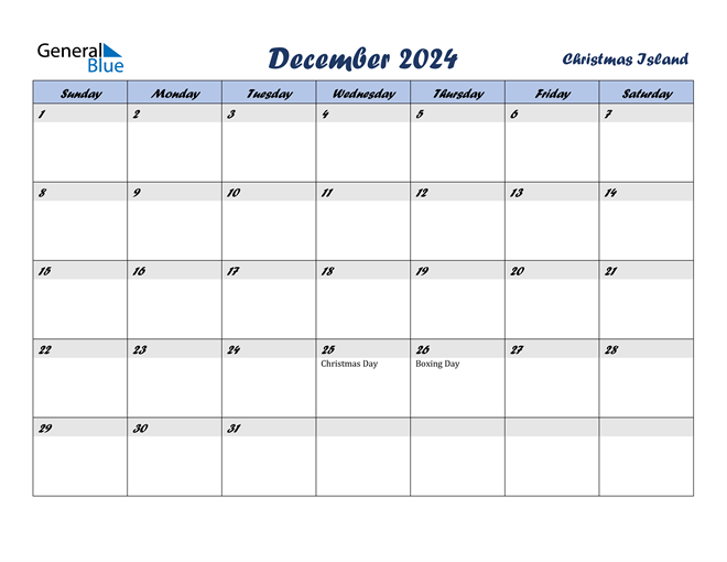 Christmas Island December 2024 Calendar with Holidays