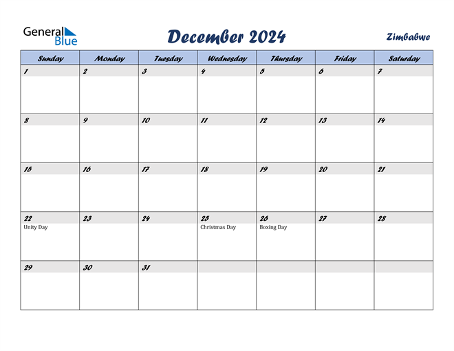 Zimbabwe December 2024 Calendar with Holidays
