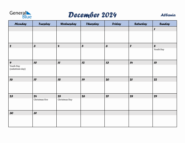 December 2024 Calendar with Holidays in Albania