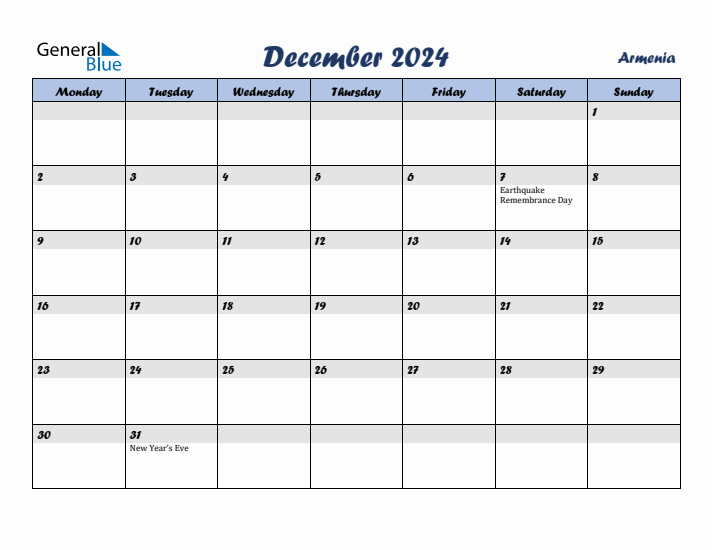 December 2024 Calendar with Holidays in Armenia