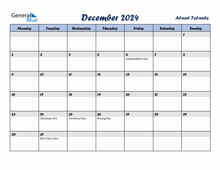 December 2024 Calendar with Holidays in Aland Islands