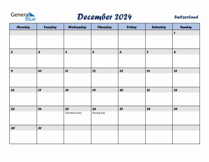 December 2024 Calendar with Holidays in Switzerland
