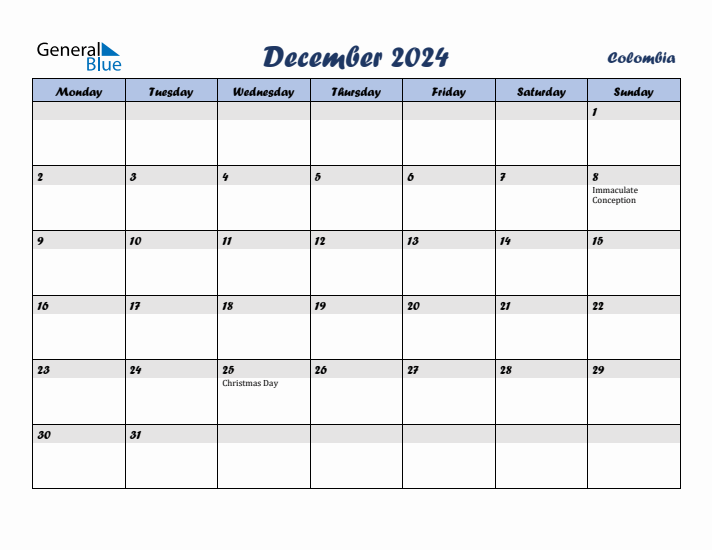 December 2024 Calendar with Holidays in Colombia