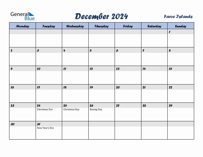 December 2024 Calendar with Holidays in Faroe Islands