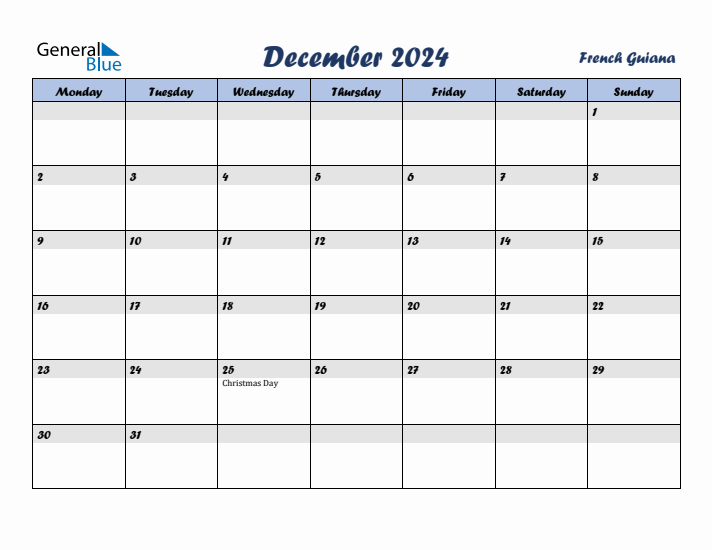 December 2024 Calendar with Holidays in French Guiana