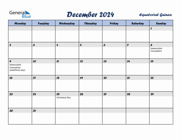 December 2024 Calendar with Holidays in Equatorial Guinea