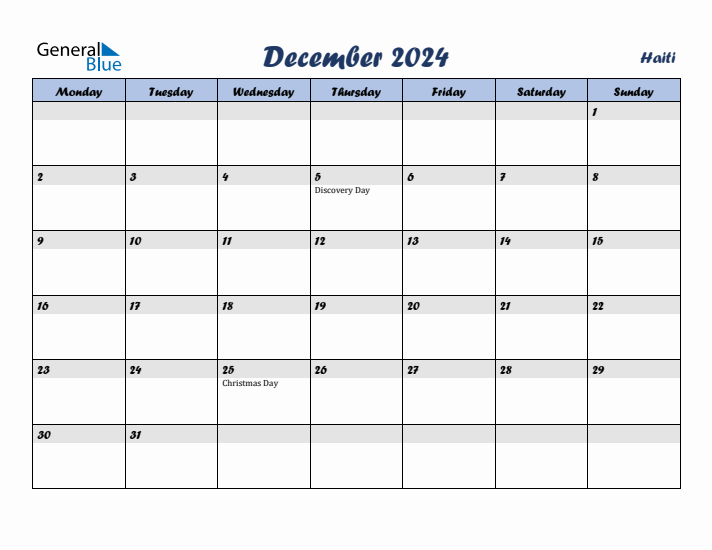December 2024 Calendar with Holidays in Haiti