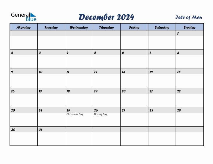 December 2024 Calendar with Holidays in Isle of Man