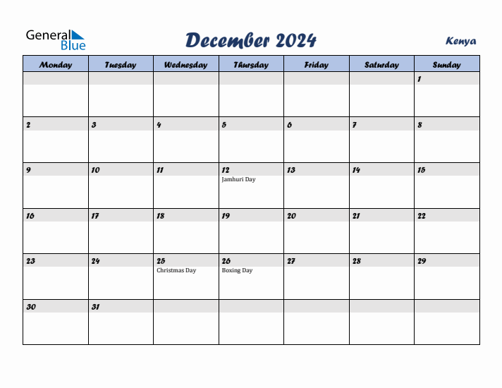 December 2024 Monthly Calendar Template with Holidays for Kenya