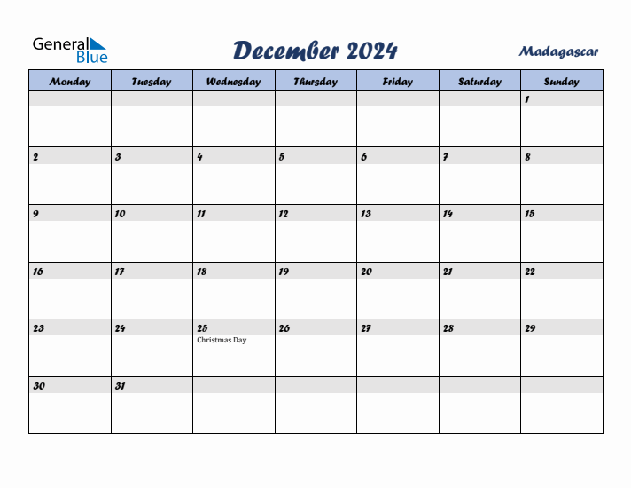 December 2024 Calendar with Holidays in Madagascar