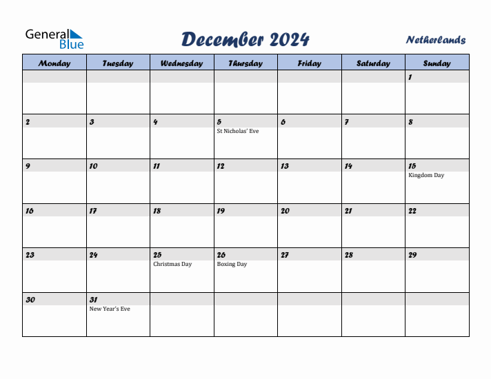 December 2024 Calendar with Holidays in The Netherlands