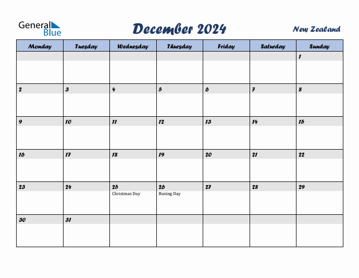 December 2024 Calendar with Holidays in New Zealand