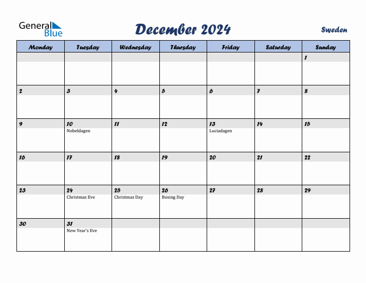 December 2024 Calendar with Holidays in Sweden