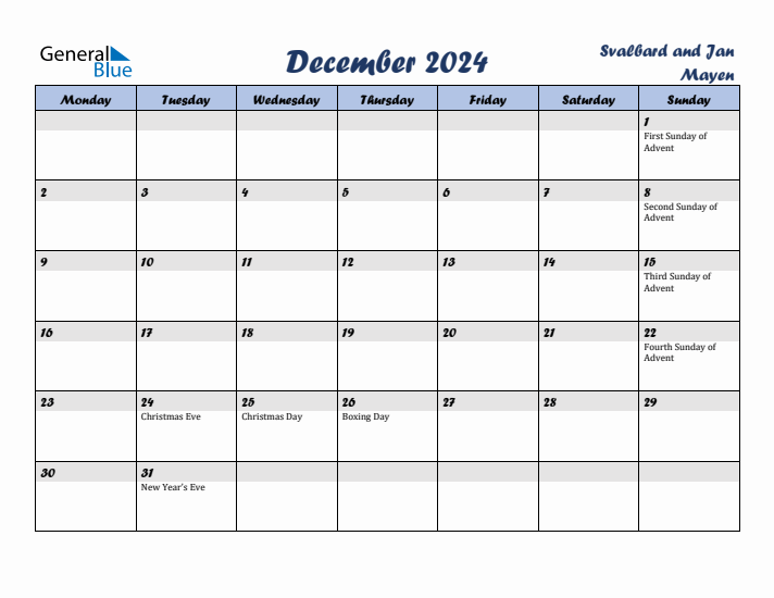 December 2024 Calendar with Holidays in Svalbard and Jan Mayen