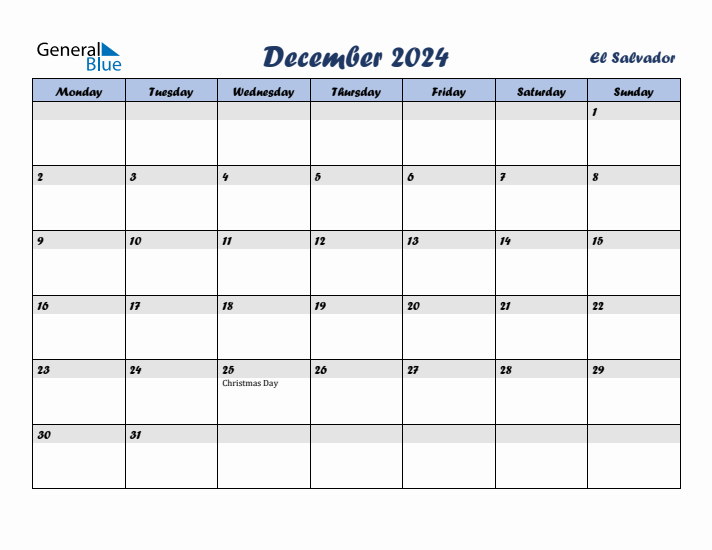 December 2024 Calendar with Holidays in El Salvador